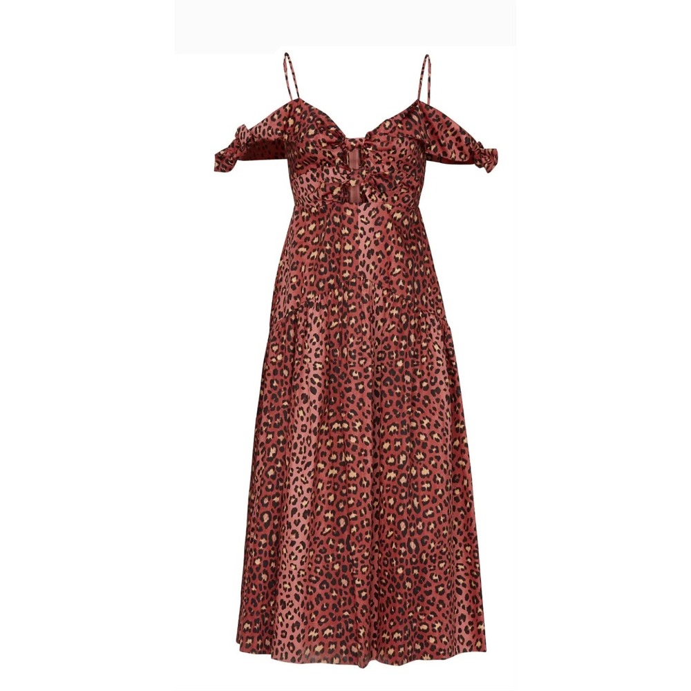 Julia Jordan Leopard Print Cold Shoulder Cut Out Midi Dress Brown Red 6